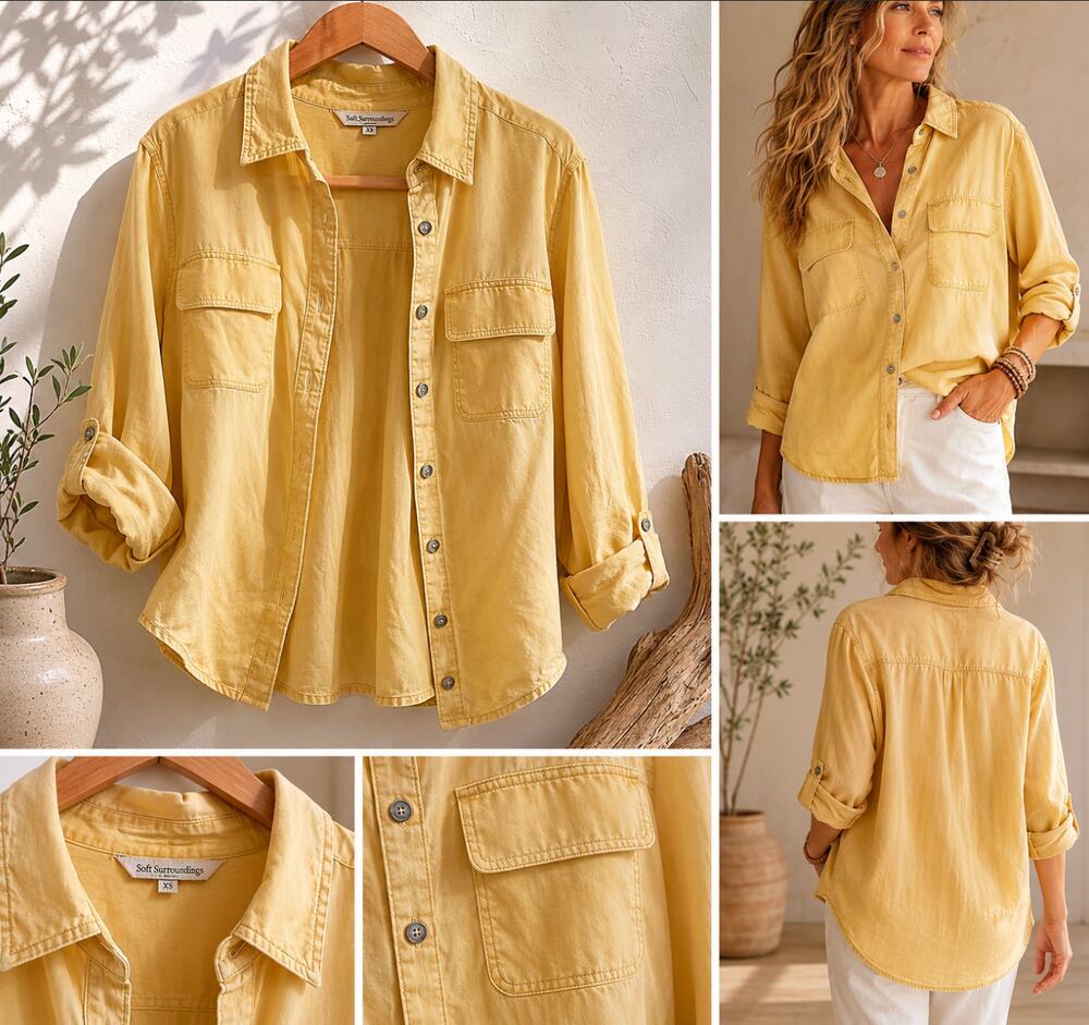 Soft Surroundings XS Yellow Rustic Button Up Farmhouse Utility Gorpcore Blouse
